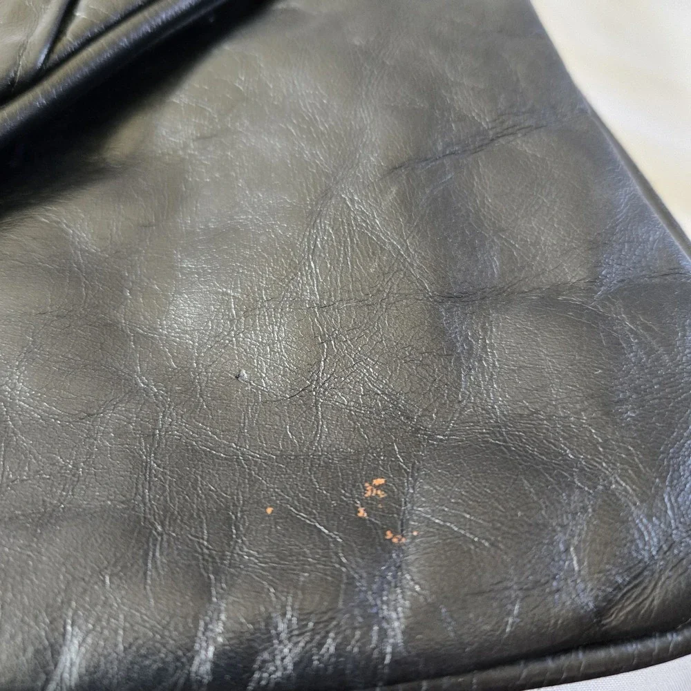 Vintage 60s Black Leather Flap Clutch Purse Large Envelope Mixed Metallic Detail